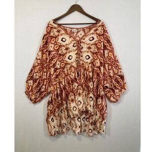 Avenue Plus Size Rust Ikat Paisley Babydoll Tunic Top 30/32